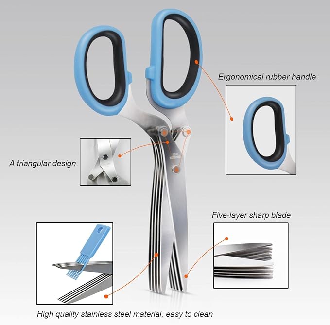5 Blade Herb Scissors Kitchen Herbs Shears Cutter Set Multipurpose Cutting Shear with 5 Stainless Steel Blades & Safety Cover & Cleaning Comb Salad Sizzors Cilantro Chive Parsley Scissors (Blue Black)