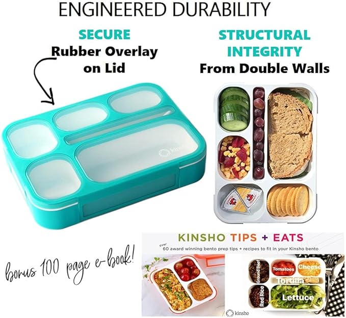 kinsho Lunch Box for Kids Boys Girls - Bento Box Set with Insulated Bag and Ice Pack, 6 Compartment Leak Proof Food Container, BPA-Free, Microwave Safe, Ideal for School & Work, Teal