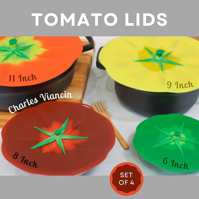 Charles Viancin - Tomato Silicone Lid for Food Storage and Cooking - 11''/28cm - Airtight Seal on Any Smooth Rim Surface - BPA-Free - Oven, Microwave, Freezer, Stovetop and Dishwasher Safe