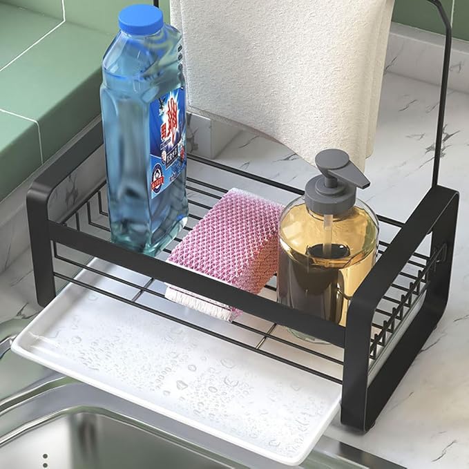 Sponge Holder with rag stick for Kitchen Sink - Rustproof Sink Caddy with Instant Drying Stone, Removable Dish Brush Holder, Stainless Steel Kitchen Caddy for Coutertop Storage Accessories