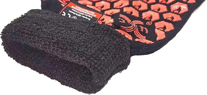 J H Heat Resistant Oven Glove:EN407 Certified 932 °F, 2 Layers Silicone Coating, Oven Mitts for Cooking, Kitchen, Fireplace,Camping, Grilling (Black/Red, Extra Long Cuff (Upgrade Comfortable FIT))