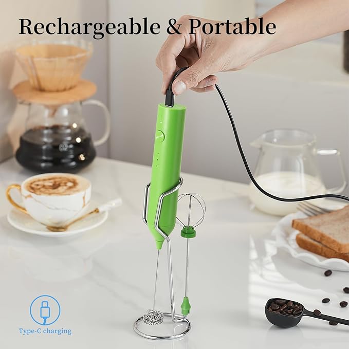 Rechargeable Milk Frother Set by ELMWAY, Electric Drink Blender with Wand and Egg Whisk, Foam Maker Mixer, Milk Frother Handled for Coffee, Latte, Matcha, Protein Powder (Green with Stand)