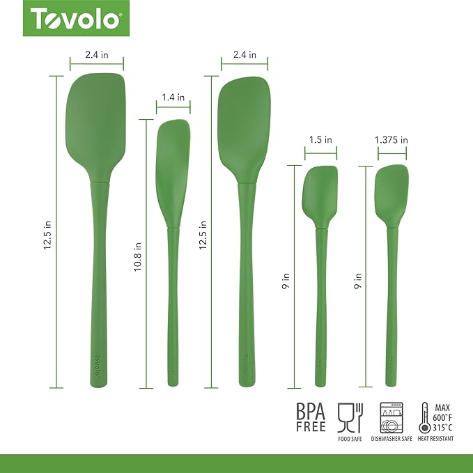 Tovolo Flex Core 5 Piece Silicone Spatula Set Heat Resistant All Silicone Utensils Include Non Stick Spatula Spoonula Jar Scraper, Dishwasher Safe BPA Free Spatulas for Baking Mixing, Pesto Green