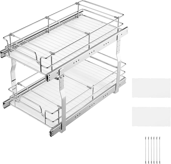 VEVOR Pull Out Cabinet Organizer, 12"W x 21"Dx15.2"H Heavy Duty Slide Out Pantry Shelves, Chrome-Plated Steel Roll Out Drawers for Home,13.5"Wx22"Dx19"H Inside Kitchen Cabinet, Bathroom, Under Sink