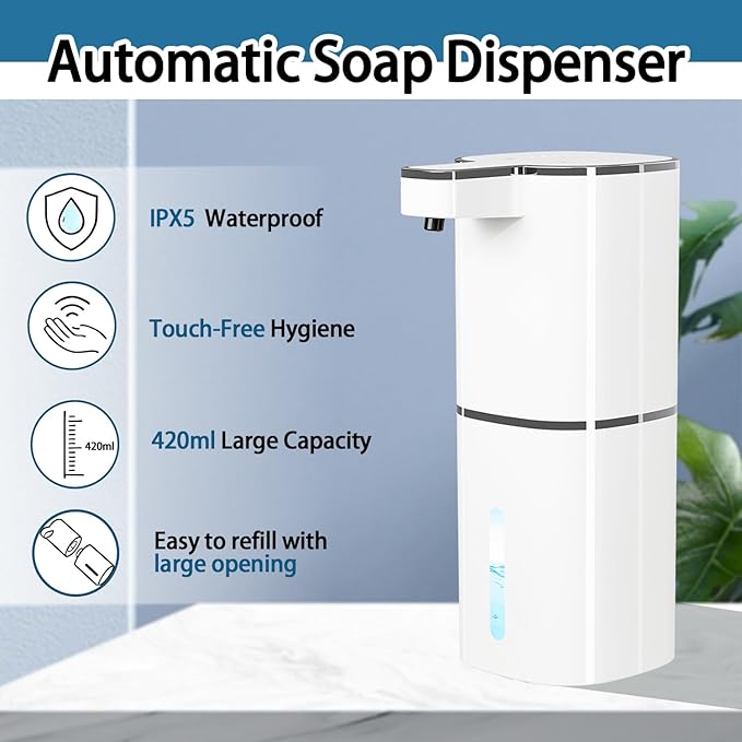 Automatic Soap Dispenser, Dish & Hand Foaming Soap Dispenser for Bathroom Kitchen, Liquid Auto Smart Electric Foam Pump Touchless，420ml-4 Levels Adjustable