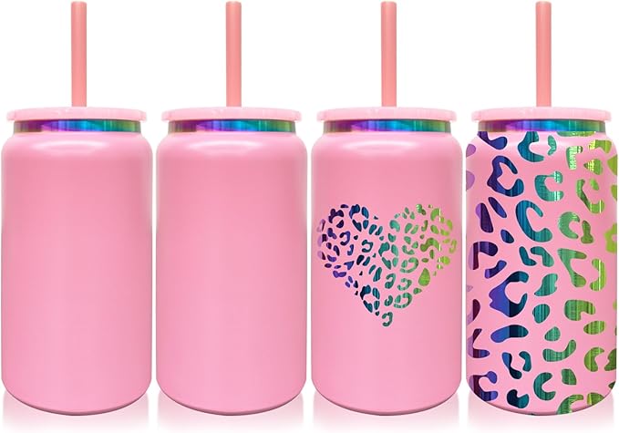 4 Pack Glass Cups with Lids and Straws, 16 oz Stainless Steel Cups, Insulated Skinny Tumbler, Powder Coated Travel Tumblers for Laser Engrave, Iced Coffee Cup for Smoothie Water DIY Gift(Pink,4 pack)