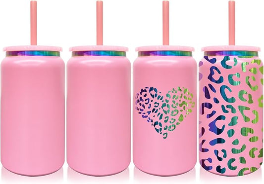 4 Pack Glass Cups with Lids and Straws, 16 oz Stainless Steel Cups, Insulated Skinny Tumbler, Powder Coated Travel Tumblers for Laser Engrave, Iced Coffee Cup for Smoothie Water DIY Gift(Pink,4 pack)