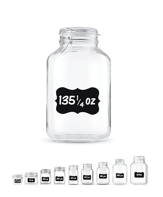 Bormioli Rocco Glass Fido Jars - 135.¼ Ounce - 4 Liter, with hinged hermetically Sealed Airtight lid for Fermenting, Canning, Preserving, With Exclusive Paksh Novelty Chalkboard Labels Set (1 Pack)