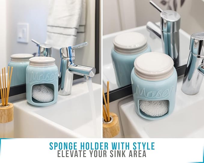 Comfify Ceramic Sponge Holder – Aqua Blue Farmhouse Sink Caddy – Mason Jar Kitchen Accessory – Includes Free Sponge