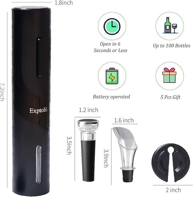 Electric Wine Opener, Automatic Bottle Corkscrew with Foil Cutter, Vacuum Stopper and Wine Aerator Pourer