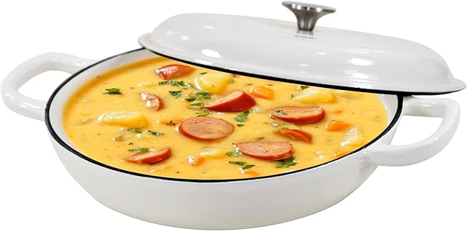 COOKWIN Enameled Cast Iron Braiser Pan, 3.8 Quart Shallow Dutch Oven with Lid, Heavy Duty Casserole Skillet with Dual Handles for Family or Friends Gifts, Oven-Safe to 500°F, White