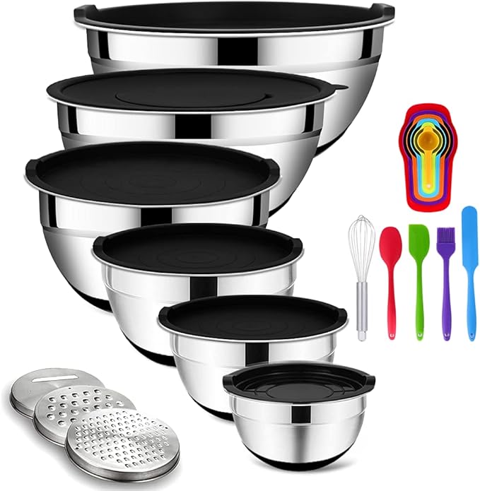 Rottay Mixing Bowls Set with Airtight Lids, 20PCS Stainless Steel, Nesting Bowls with 3 Grater Attachments & Non-Slip Bottoms, Size7, 4, 3, 2, 1.5, 1QT Bowls for Baking&Prepping