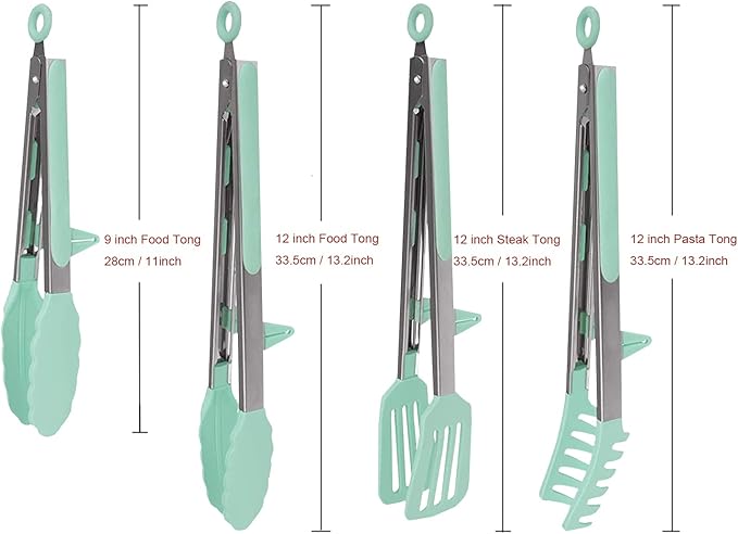 4 Pack Silicone Kitchen Cooking Tongs Set, Stainless Steel Nonstick Food Tong with BPA Free Silicone Tips for Serving Pasta Spaghetti Steak Pie Pizza Salad Vegetable Fruit Grilling BBQ Buffet 9" & 12"