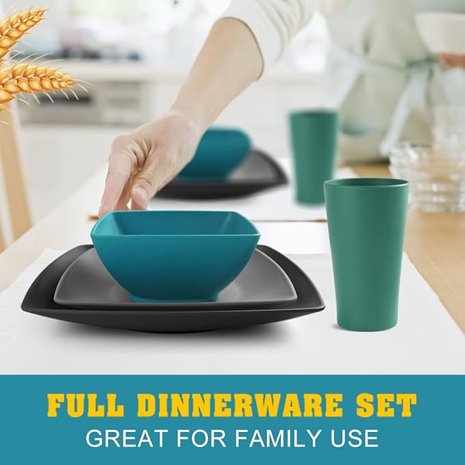 Teivio 48-piece Plastic Wheat Straw Square Dinnerware Set for 12, Unbreakable Dinner Plates, Salad Plates, Snack Bowls, Tumblers 13.5 oz, Dishwasher Safe,Outdoor Kitchen RV Dishes, Coastal Multicolor