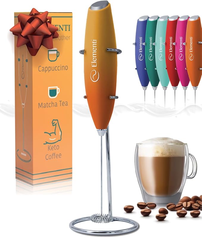 Elementi Milk Frother Wand & Drink Mixer with Stand - Powerful Coffee Frother Handheld Coffee Mixer Wand - Hand Held Milk Foamer to Make Perfect Cappuccinos, Lattes & Drink Mixes at Home (Sunrise)