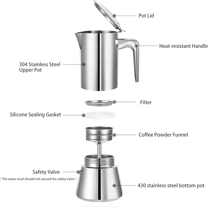 4 Cups Food-Grade Thickened Stainless Steel Moka Pot - Non-Coated Italian Greca Espresso Maker 200ml (6.8oz), Manual Stovetop Coffee Maker with Safety Valve, Suitable for all Types of Hobs