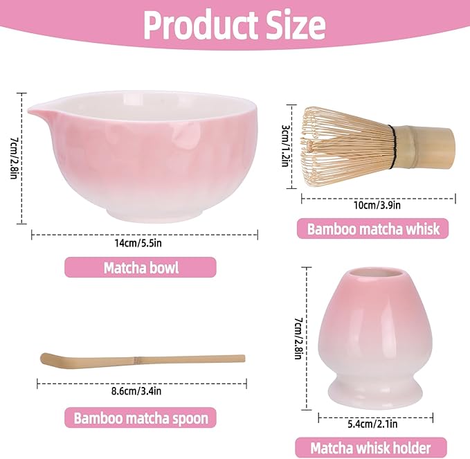 Matcha Whisk Set,4pcs Matcha Set Whisk and Bowl with Spout,Ceramic Matcha Whisk Holder,Scoop(Chashaku),Matcha Kit for Matcha Lovers Kitchen Matcha Accessories,Ideal Gift Christmas(Gradient Pink)
