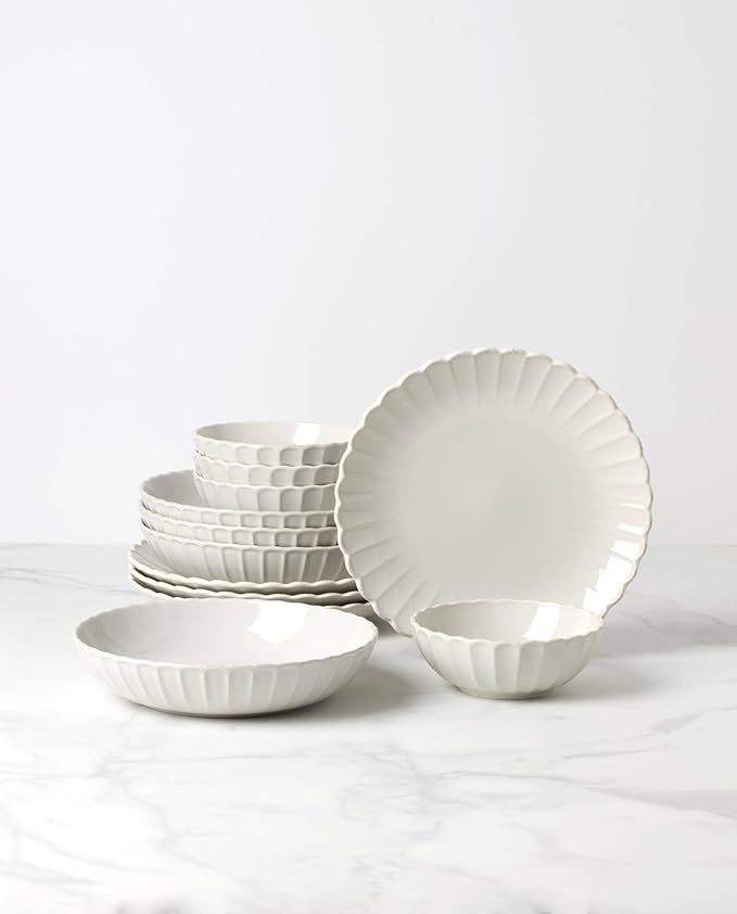 Lenox Dinnerware Set, French Perle Scallop White 12-Piece Set, Service For 4, Stoneware, Dishwasher Safe, Microwave Safe, Plates and Bowls sets, Dish Set, Plate Set, Home And Kitchen (White, 12 Piece)