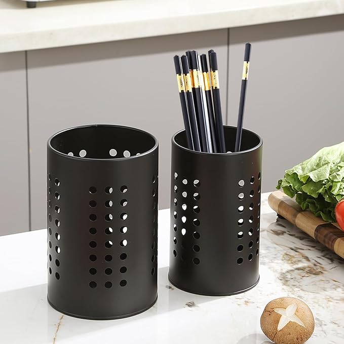 Evanda Kitchen Utensils Holder for Countertop Pack of 2, Stainless Steel Black Utensils Caddy, Farmhouse Stylish Organizer and Kitchen Decor Utensil Crock, Gift for New House New Apartment
