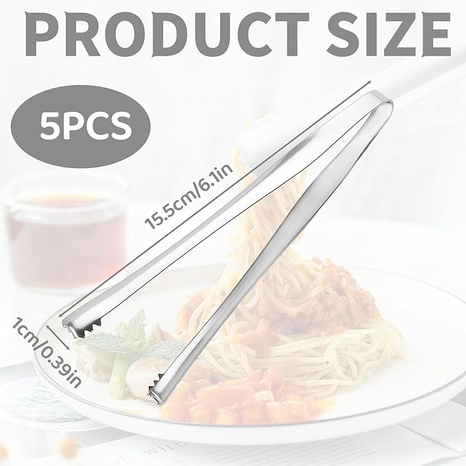 5PCS Stainless Steel Kitchen Tongs, Metal Food Tongs with Non-Slip Grip/Egg Chalaza Removal Tongs, Toothed Design Eggshell Fragment Remover Tong for Cooking Food Cake Bakers Pastry Chefs