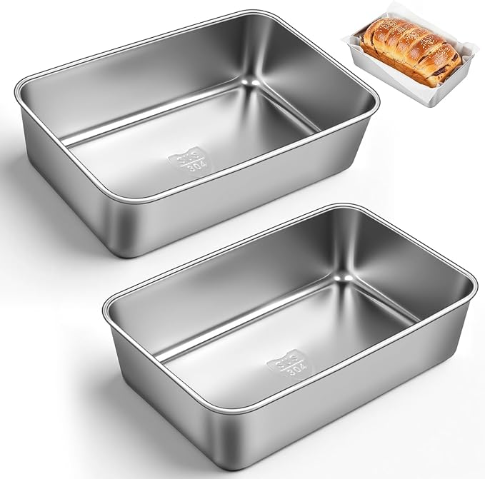 2 Packs 8.8×5.9 Inch Loaf Pans for Baking Bread, 304 Stainless Steel Loaf Bread Pan with Parchment Paper Liners, Metal Bakeware for Bread, Meatloaf, Cake Brownies, Easy Release, Oven & Dishwasher Safe