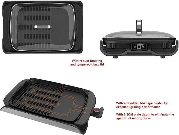 ADDIS Smokeless Indoor Electric Grill with Tempered Glass Lid and Drip Pan 1500W M-Shaped Heating Element and Non-Stick Coating, Stainless Steel