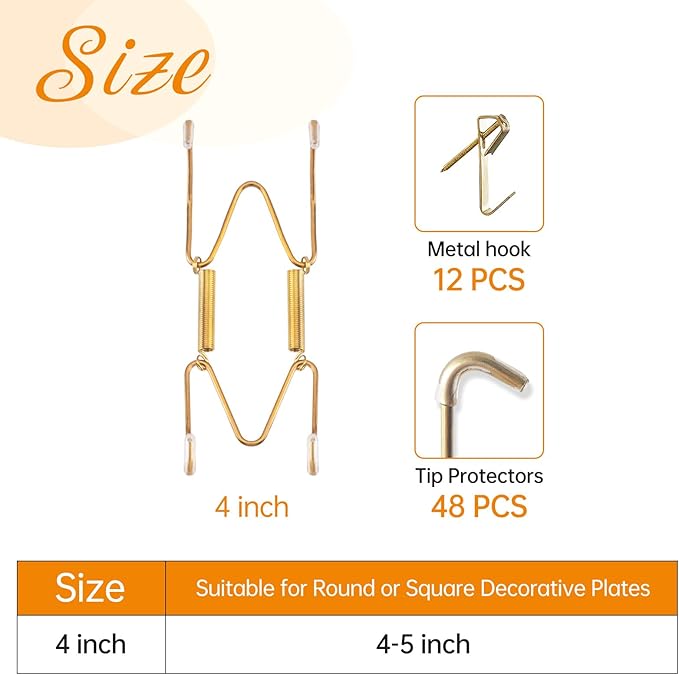 Bilillo 12 Pieces Heavy Duty Invisible Wall Plate Hangers, Stainless Steel Wire Plate Holders with Hooks and Rubber Protectors, Safe and Sturdy Display Hangers for 4-5 Inch (Gold)