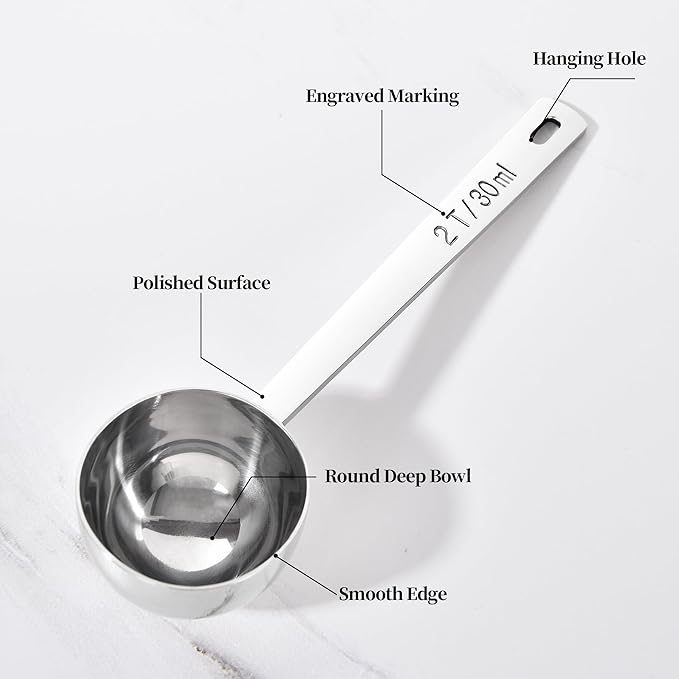 Long Handle Coffee Scoop: 5.98 Inch 18/8 Stainless Steel 2 Tablespoon Metal Measuring Spoon Tbsp Scoop for Coffee Beans, Grounds Coffee, Coffee Powder, Tea, Tall Jars (2Tbsp/30ml)