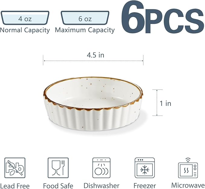 ONEMORE Ramekins 4 oz - Oven Safe Shallow Ramekins with Brown Rim for Creme Brulee - Speckled, Fluted, Set of 6