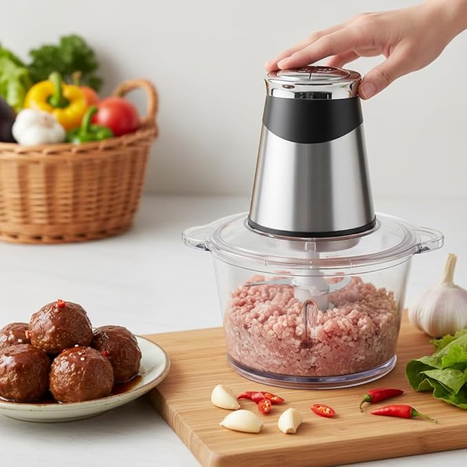 MEGAWISE Electric Food Processor, 800W Meat Grinder & Vegetable Chopper - 2 Bowls (3L Stainless Steel + 3L Glass) with 4 Blades, Dual-Speed Food Chopper for Meat, Fruits, Vegetables, and Nuts