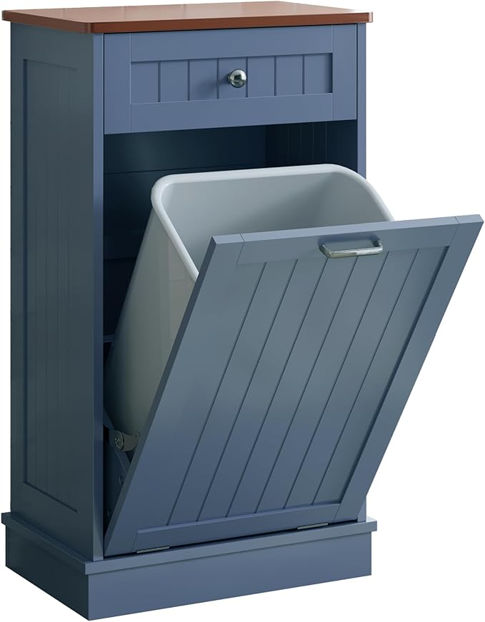 KIGOTY Tilt Out Trash Cabinet,Wooden Kitchen Trash Bin Holder Garbage Bin Recycling Cabinet Laundry Hamper with Solid Wood Countertop and Hideaway Drawer (Haze Blue)