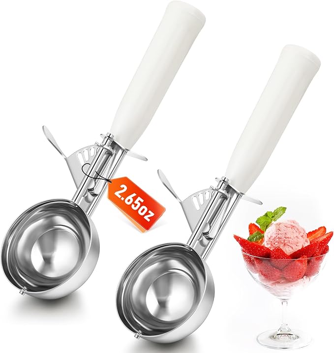 Reallnaive 2 Pcs Release Cookie Scoops Ice Cream Scooper with Trigger Release Portion Scoop Stainless Steel for Portion Control, Baking Food, Cookie Dough (2.65 oz,Ivory)