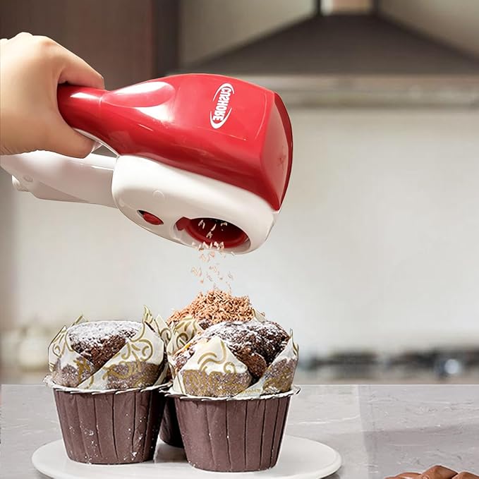 Electric Hard Cheese Grater, Model CES03D, Red, Stainless Steel, Automatic, Cordless, 3 Interchangeable Blades, Easy to Clean