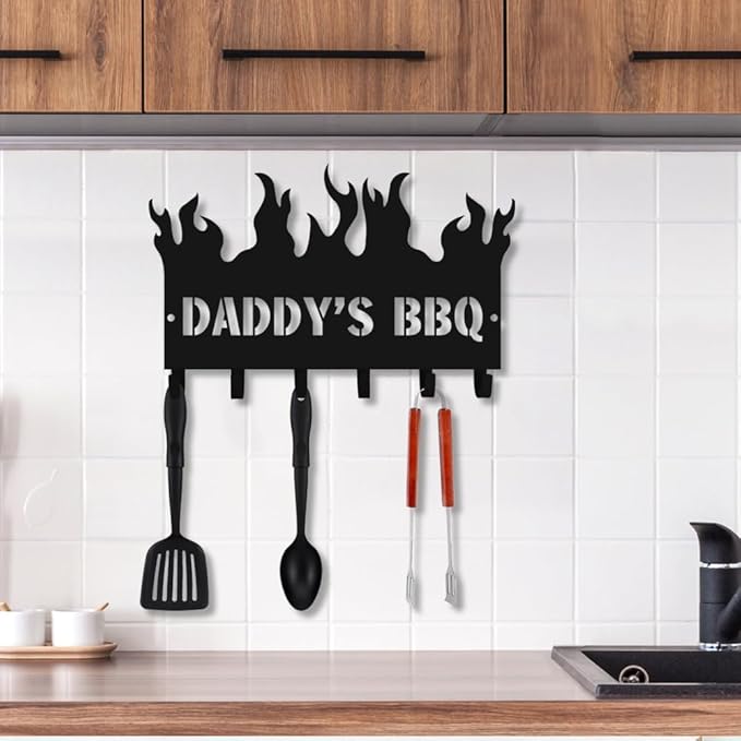 Generic Personalized BBQ Cooking Utensils Wall Hooks Rack for Dad Custom Grilling Tool Organizer Barbecue Tool Metal Storage Holders Grill Cutlery Hanger Father's Day Utensils Hanging Hooks (Style 3)