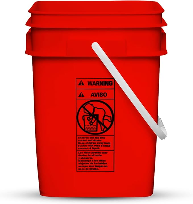 House Naturals 4 Gallon Square Food Grade Bucket Pail with Plastic Handles and Lid (Pack of 3) Made in USA containers (RED-White Lids)