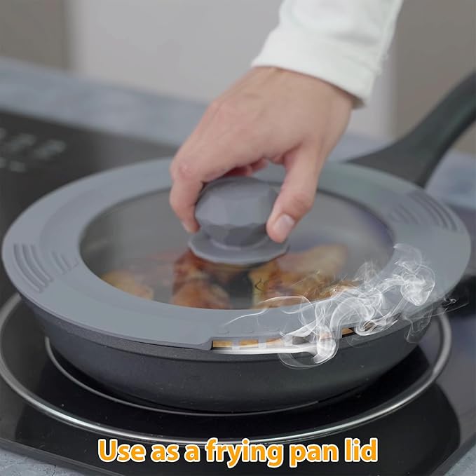 Tempered Strainer Lid for Stockpot Pasta Soup Pots - Universal Pan Lid with Heat Resistant Silicone Rim 10-12 inch Light Grey