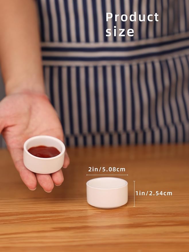 1 oz Mini Porcelain Ramekins Set of 6, Small Ceramics Souffle Dish, Exactly Designed for Dipping Sauce, Ketchup, Salsa and Jams, 30ml White