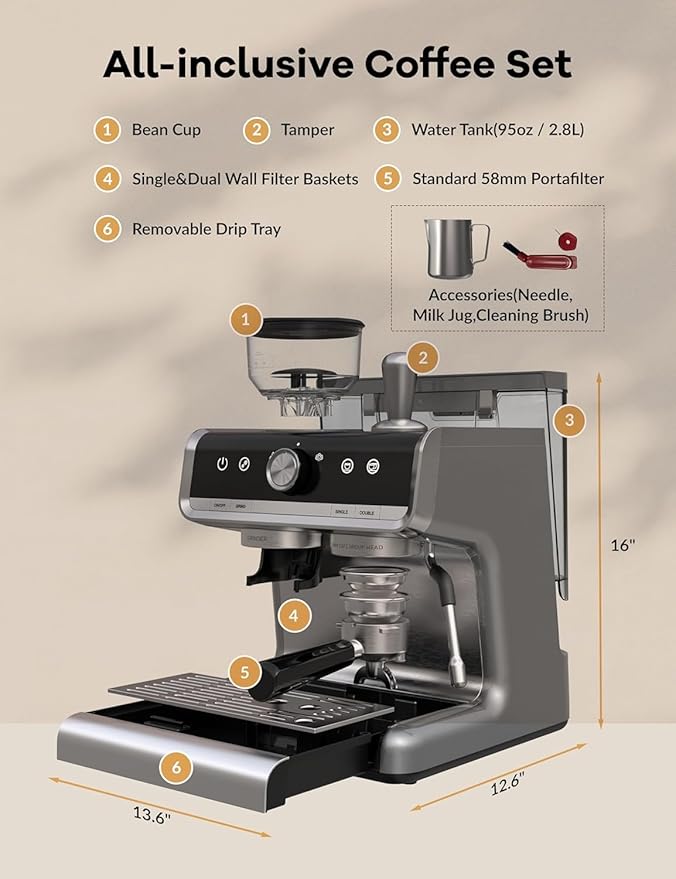 Espresso Machines with grinder, 20 Bar Professional Espresso Maker with Milk Frother & 95 oz Removable Water Tank for Latte and Cappuccino, Espresso Coffee Maker for Home, Stainless Steel