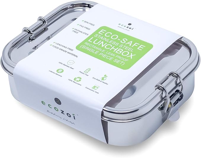 ecozoi Stainless Steel Lunch Box, Leak Proof 1 Tier Eco Metal Bento Box | Bonus Pod And Redesigned Silicone Seal | Sustainable Zero Waste Eco Friendly Food Storage Container