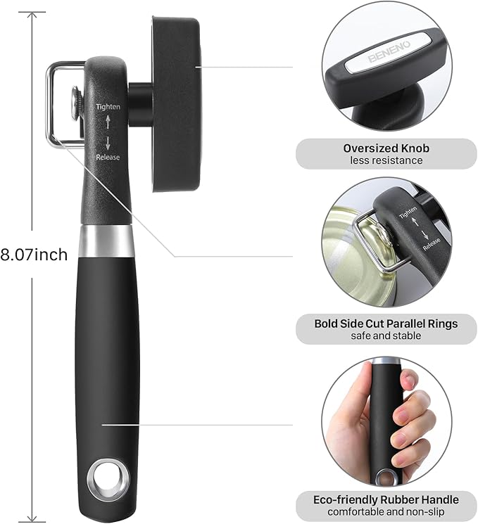 Can Opener, Safe Side Cut Manual Can Opener with Durable Sharp Blade, Smooth Edge Cutting, Effortless Big Knob, Comfortable Grip Handle, Black