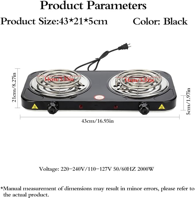Compact and Portable Countertop Burner- Countertop Double Coiled Burner 2000 Watts Electric Hot Plate Temperature Controls Black