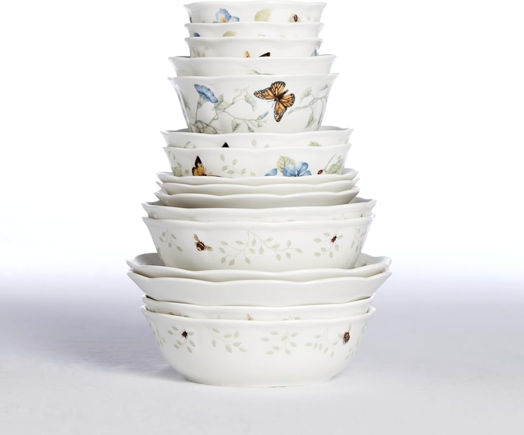 Lenox Pasta Bowls, 20oz Butterfly Meadow Pasta Bowl Set of 4, Service For 4, Porcelain, White Serving Bowls, Wide, Shallow, Lenox Butterfly Meadow Collection, Dishwasher/Microwave Safe (White 4-Piece)