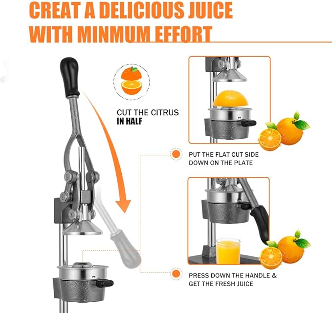 Commercial Heavy Duty Cast Iron Hand Press Manual Orange Citrus Lemon Lime Grapefruit Pomegranate Fruit Juice Squeezer Machine with Stainless Steel Cup Grey