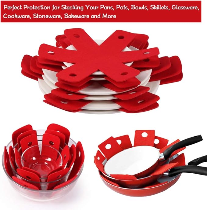 BYKITCHEN Pot Pan Protectors, Set of 12 and 4 Different Sizes, Larger & Thicker Red Pan Protector Pads, Pan Pot Separator Pads for Stacking and Protecting Your Cookware(10/12/14/16inch)