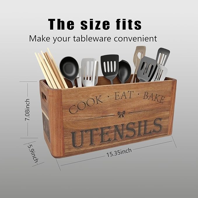 Utensil Holder for Kitchen Countertop - Extra Large 4 Compartment Wooden Organizer in Acacia Wood, Storage for Cooking Tools and Cutlery, Farmhouse Style for Home Cooking
