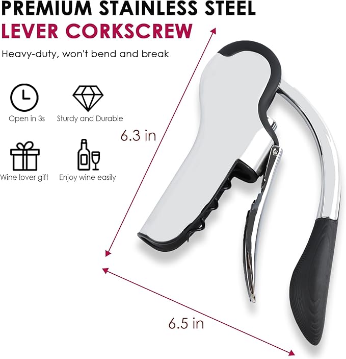 KAYCROWN Stainless Steel Wine Bottle Opener, Vertical Lever Corkscrew with Built-in Foil Cutter Design, Manual Handheld Corkscrew with Ergonomic Lever Pump