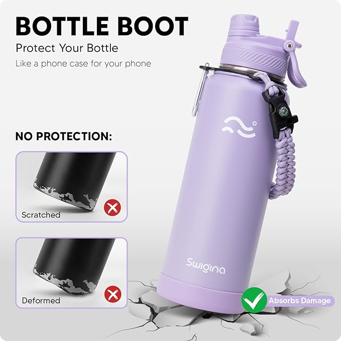 Swigina [2-IN-1 LID] Insulated Water Bottle with Silicone Boot (36hrs Cold/18hrs Hot) - DIY Stickers, Leakproof, BPA Free, 40 oz