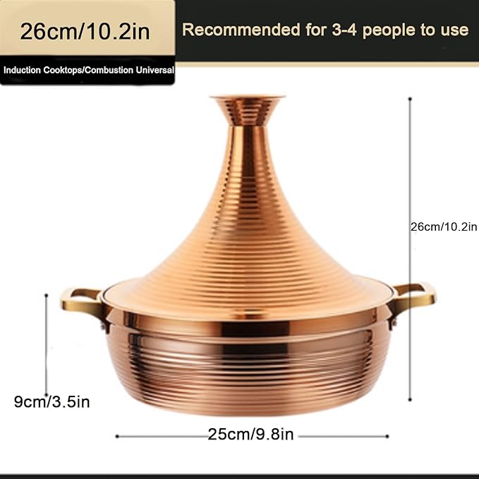 Stainless Steel Moroccan Tagine Pot, Large Moroccan Tajine Casserole with Cone-Shaped Lid, Non Stick Tagine Cooking Pot with 2 Handles(26cm/10.2in, Gold)