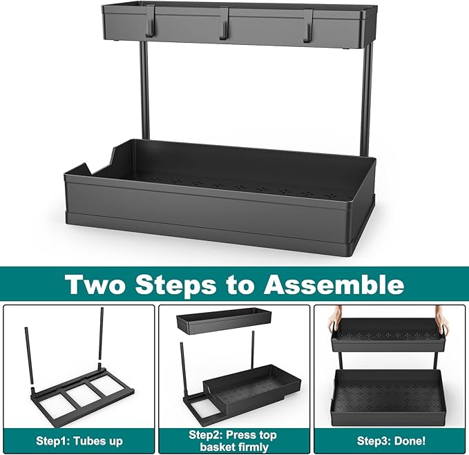 L shape Under Sink Organizers with 2 Pack of Black and 2 Pack of White，Sliding L-shape Cabinet Organizers Narrow Space Storage Multi-purpose Sink Organizer for Bathroom Kitchen Drawer