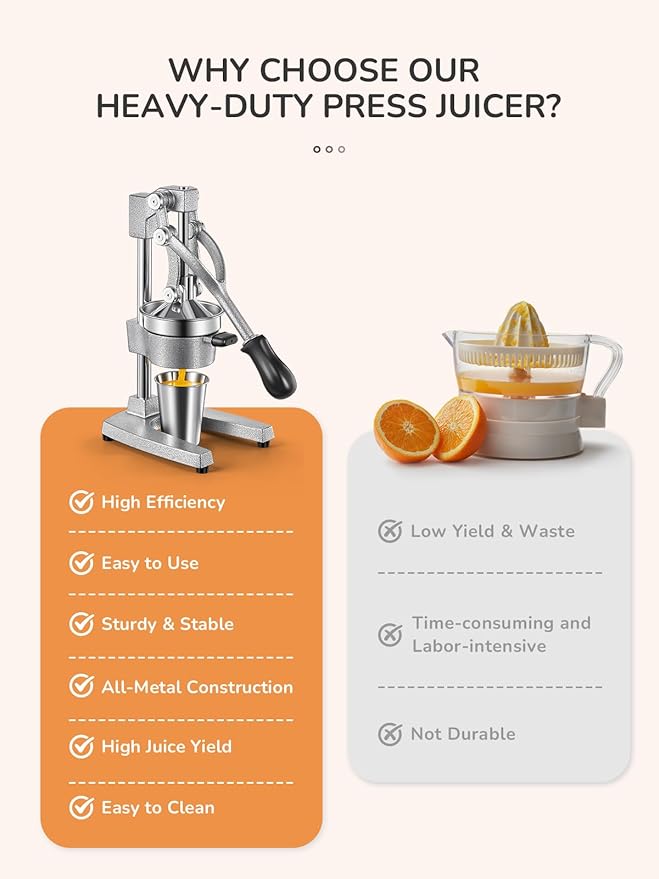 QCen Professional Cast Iron Manual Juicer, Heavy Duty Citrus Press with Stainless Steel Strainer, Easy-to-Clean Hand Squeezer for Orange, Lemon, Lime and Grapefruit - Black (Silver)